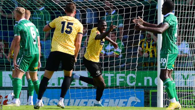 Levi Amantchi celebrates scoring for Maidstone against Yeovil in the National League South