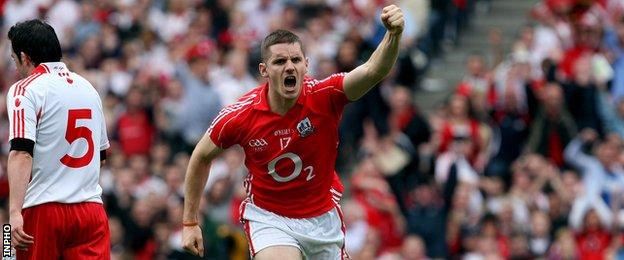 Daniel Goulding celebrates after hitting Cork's goal in the 1-13 to 0-11 All-Ireland semi-final win over Cork in 2009