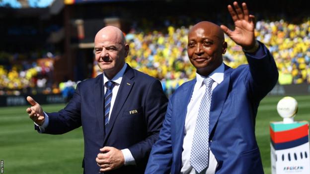 Fifa president Gianni Infantino and Caf president Patrice Motsepe at the African Football League final second leg between Mamelodi Sundowns and Wydad Casablanca