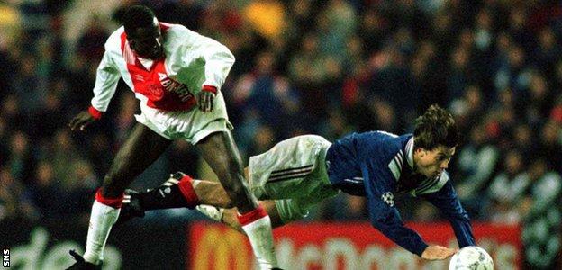 Brian Laudrup playing for Rangers against Ajax in 1996