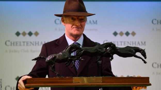 Willie Mullins with the Leading Trainer trophy at Cheltenham