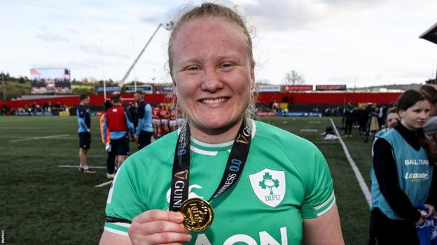 Aoife Wafer scored a try against Wales before receiving the player of the match medal
