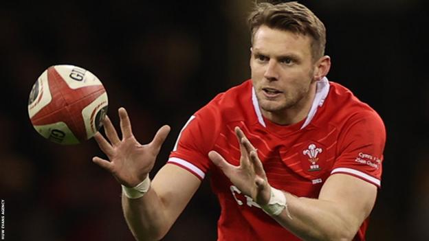 Dan Biggar has his eyes on the ball as it heads his way from a pass
