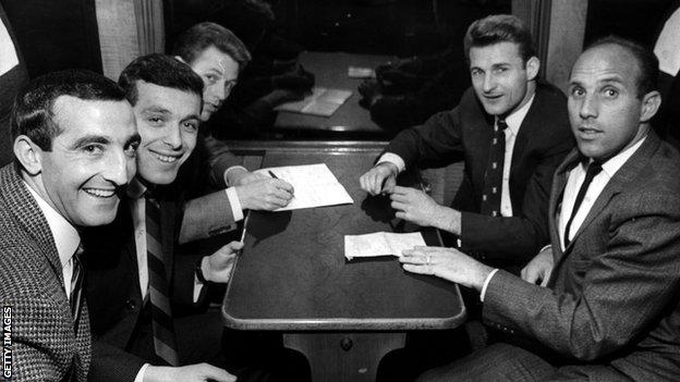 Hunt, top right, pictured with Liverpool team-mates on the train to London before the 1965 FA Cup final, in which he scored to help the Reds beat Leeds and lift the trophy for the first time