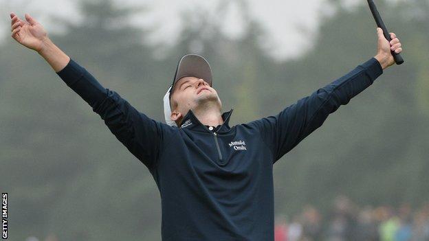 Scotland's Russell Knox celebrates his win in Shanghai