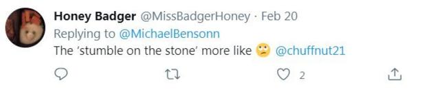 Honey Badger on Twitter suggests 'Stumble on the Stone'