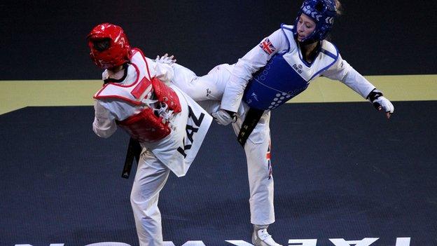 Britain's Jade Jones fights Kazakhstan's Kamila Aimukasheva at the 2022 Taekwondo World Championship in Mexico