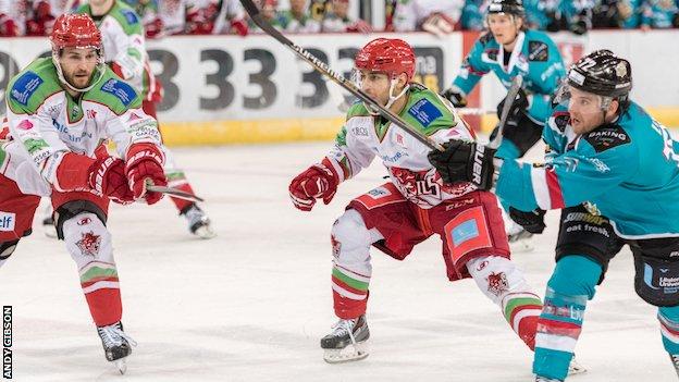 Michael Forney of Belfast Giants in action against the Cardiff Devils