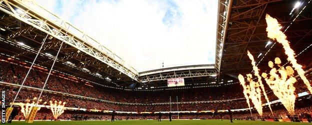 A general view of the Principality Stadium with flames coming from the ground