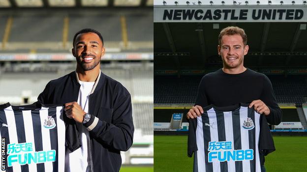 Split pic of Callum Wilson and Ryan Fraser holding up Newcastle shirts