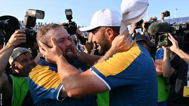 Shane Lowry and Jon Rahm celebrate Europe's Ryder Cup success