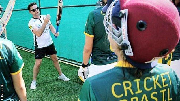 Liam Cook coaching the Brazil women's cricket team