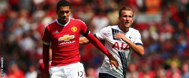 Harry Kane of Tottenham and Chris Smalling of Manchester United