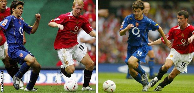 Cesc Fabregas takes on Paul Scholes and Roy Keane in the 2004 Community Shield