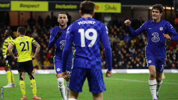 Chelsea celebrate scoring against Watford in the Premier League at Vicarage Road