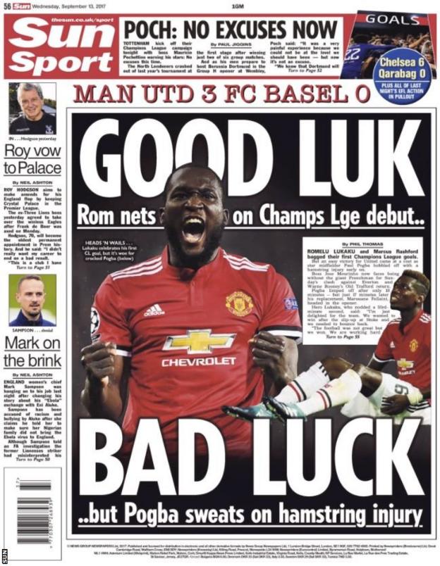 The Sun's back page leads with Romelu Lukaku's Champions League debut