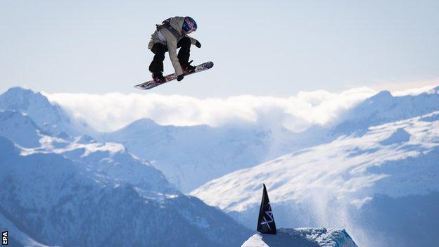 Katie Ormerod of Great Britain in action during the final run of the snowboard slopestyle competition at the Laax Open, in Laax, Switzerland