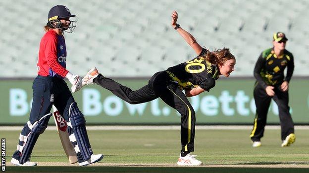 Australia fast bowler Tayla Vlaeminck bowls against England in the first T20 of the Women's Ashes