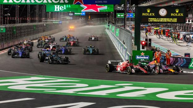 All of the Formula 1 grid head down to Turn One of the Las Vegas Grand Prix after a chaotic start.