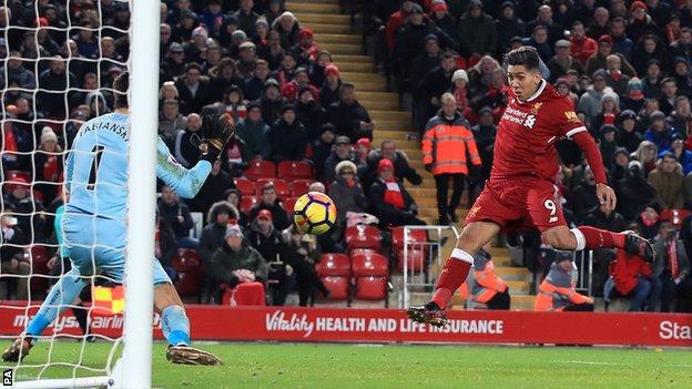 Roberto Firmino scores for Liverpool against Swansea