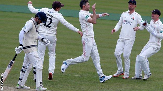 James Anderson celebrates a wicket for Lancashire