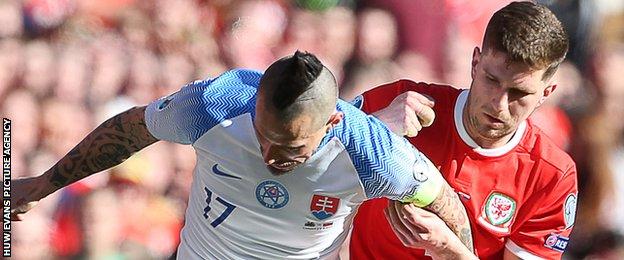 Chris Mepham in action for Wales during the 1-0 win over Slovakia