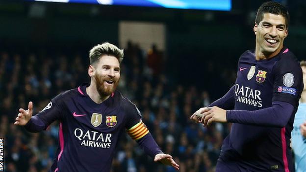 Barcelona forwards Lionel Messi and Luis Suarez