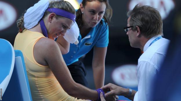 Victoria Azarenka receiving treatment during a medical time-out in her Australian Open semi-final victory over Sloane Stephens in 2013