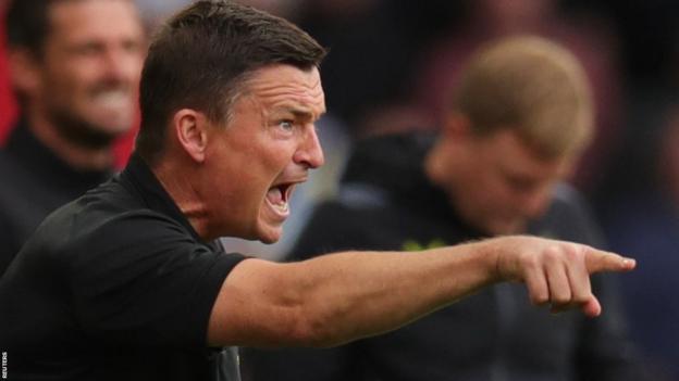 Paul Heckingbottom shouts angrily while coaching Sheffield United in the Premier League