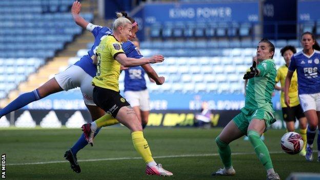 Beth England scores her second goal for Chelsea against Leicester