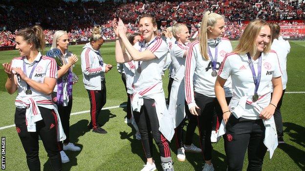 Manchester United Women parade the Championship trophy at Old Trafford