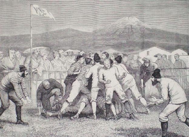 1874 game of rugby in front of Mount Fuji from The Graphic magazine