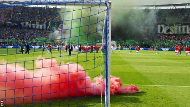 A flare on the pitch at the Dutch Cup final between Feyenoord and AZ Alkmaar