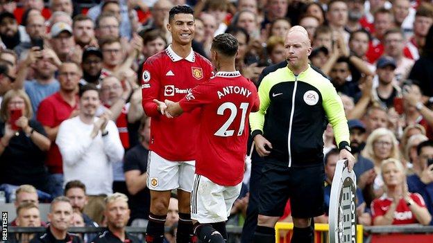 Manchester United's Cristiano Ronaldo comes on to replace Antony