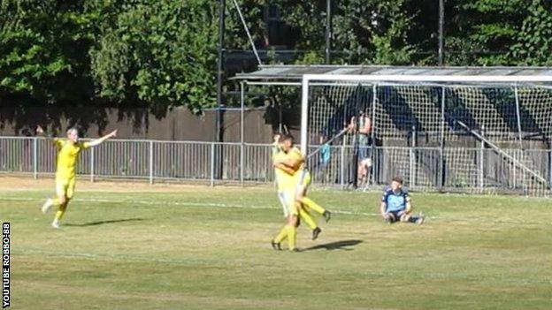 16-year-old Finn Smith of Newport (IoW) FC scoring on his debut against Fleet Town in the FA Cup extra preliminary round