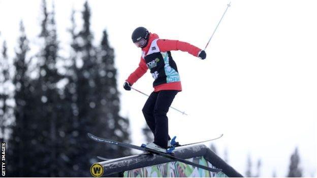 Izzy Atkin on a rail in the slopestyle at Dew Tour
