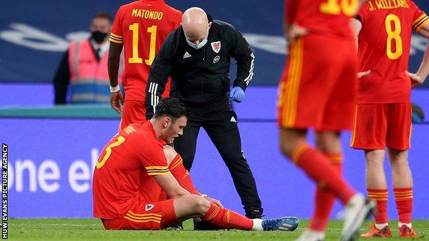 Wales forward Kieffer Moore was forced off after just 40 minutes at Wembley