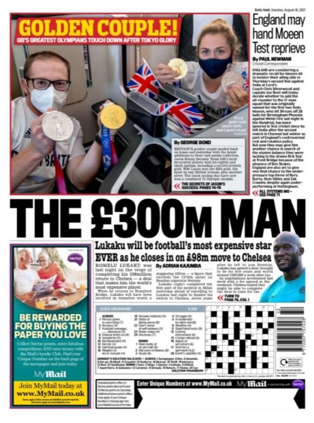 Tuesday's Daily Mail back page with the headline 'the £300m man' and a picture of Romelu Lukaku