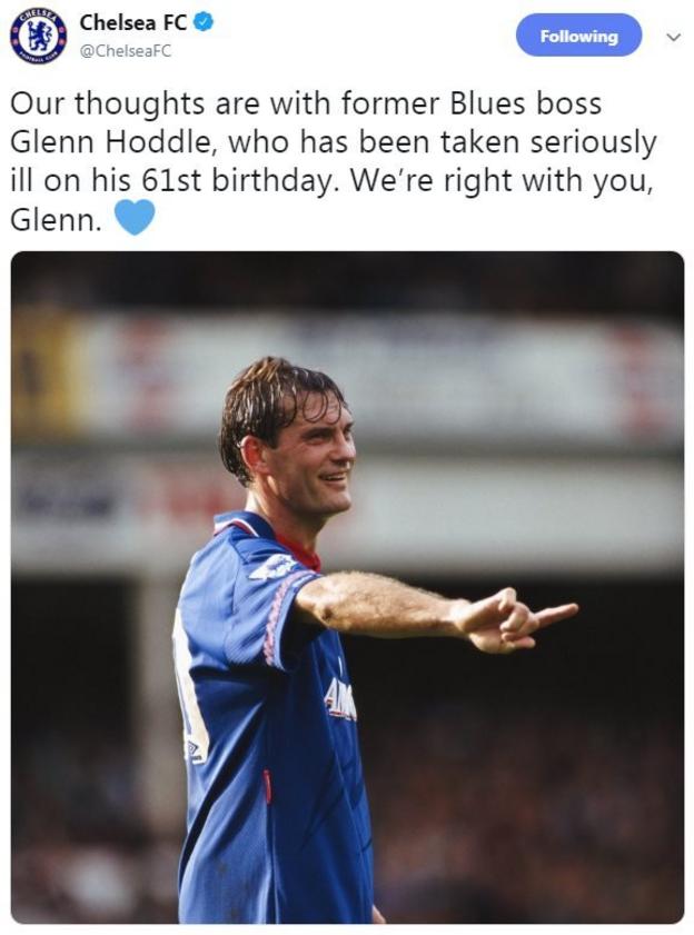 Chelsea FC on Twitter wishing their former player and manager the best after he was taken ill