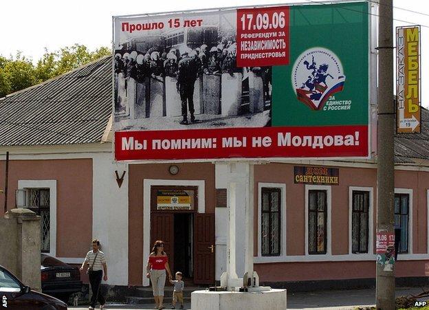 A sign in Trans-Dniester reads: 'We remember: We are not Moldova!'