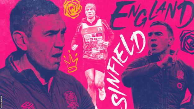 A graphic with the words 'England' and 'Sinfield', pictures of Kevin Sinfield coaching England and a representation   of him running