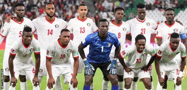 Sudan's team ahead of a match against Lebanon at the 2021 Arab Cup