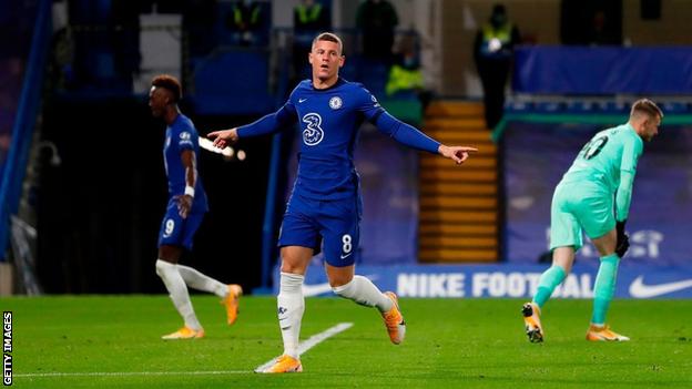 Ross Barkley celebrates scoring for Chelsea against Barnsley in the Carabao Cup