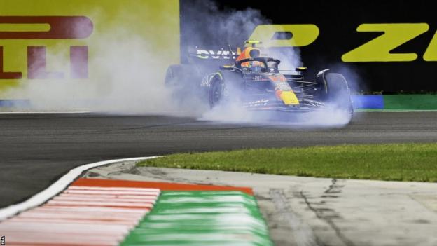 Sergio Perez's Red Bull crashes into the barrier in first practice