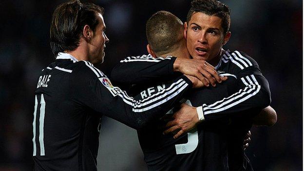 Cristiano Ronaldo, Gareth Bale and Karim Benzema celebrating scoring for Real Madrid