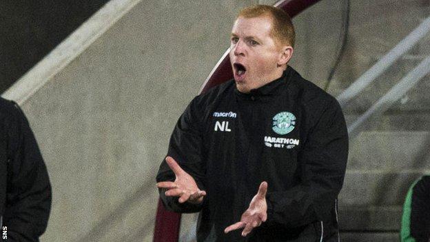 Neil Lennon makes a point to his Hibs players during their 2-1 defeat by Hearts