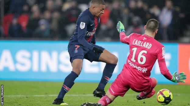 Kylian Mbappe scoring for Paris St-Germain against Guingamp