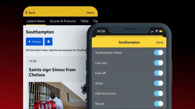 Un graphique montrant des captures d'écran de la page de Southampton et du menu des notifications dans l'application BBC Sport