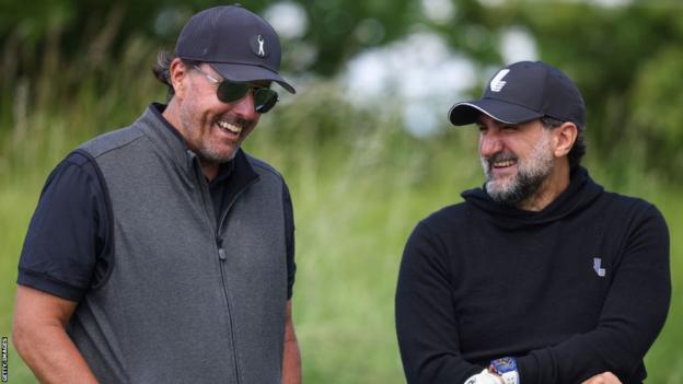 Phil Mickelson with Yasir Al-Rumayyan at the LIV Golf event at The Centurion Club in June 2022