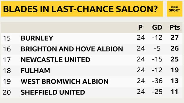 Snapshot showing the bottom of the Premier League: 15th Burnley, 16th Brighton, 17th Newcastle, 18th Fulham, 19th West Brom & 20th Sheff Utd